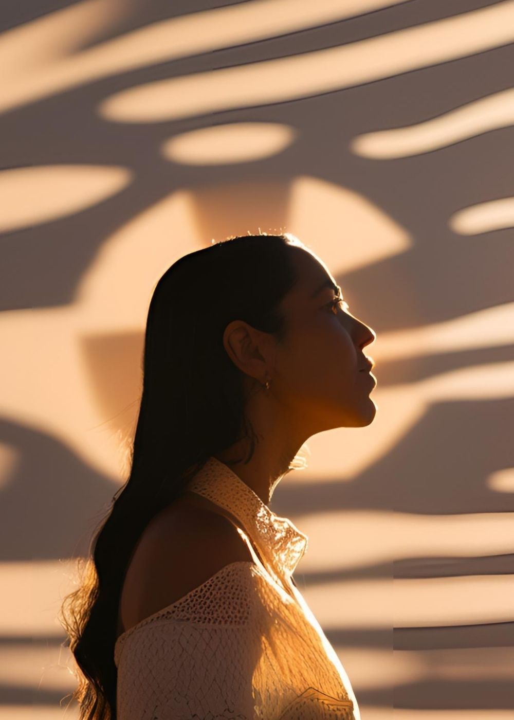 A silhouette of a woman with a background of streaking sunlight